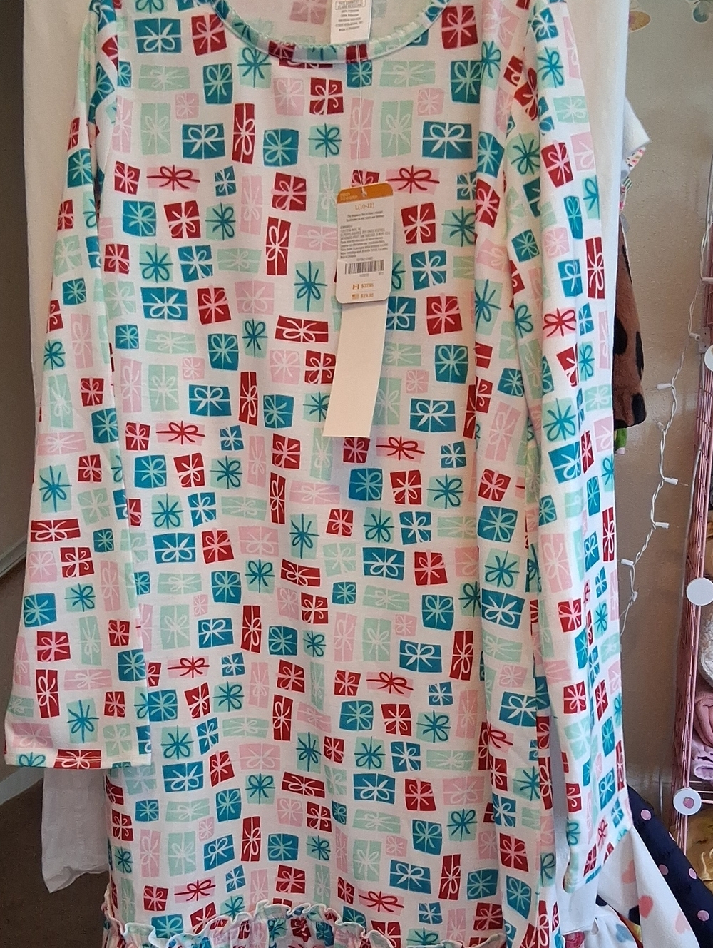 Girls' Long Sleeve Holiday Gift-Print Pajama Top - Red, Teal, Pink